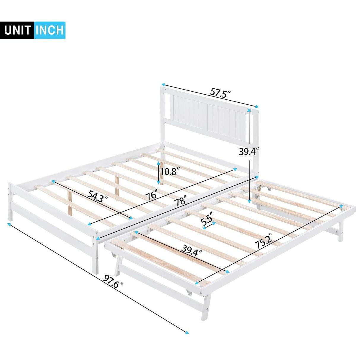 Full Size Platform Bed with Adjustable Trundle, White Streamdale