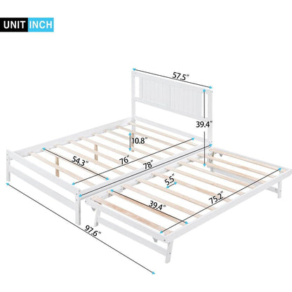 Full Size Platform Bed with Adjustable Trundle, White