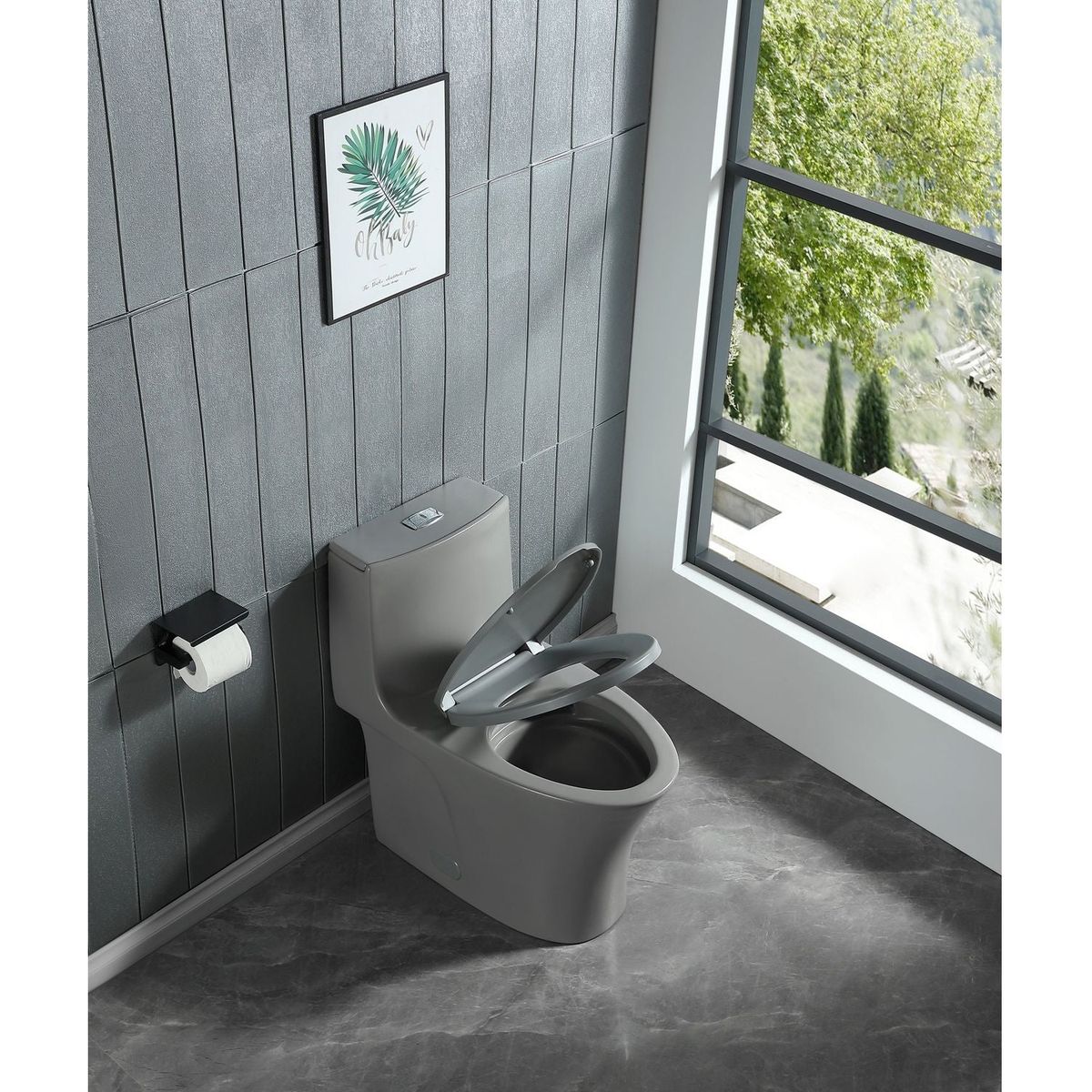 15 1/8 Inch 1.1/1.6 GPF Dual Flush 1-Piece Elongated Toilet with Soft-Close Seat - Light Grey