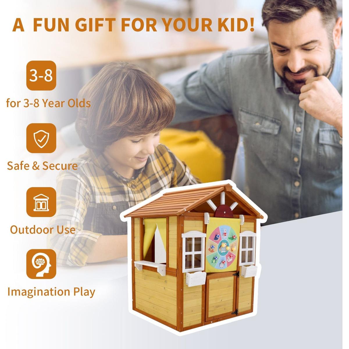 Outdoor Playhouse for Kids Wooden Cottage with Working Doors Windows Pretend Play House for Age 3-8 Years