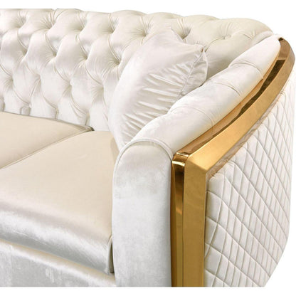 Velvet Luxury Chesterfield Sofa Set, 84 Inches Tufted 3 Seat Couch with Gold Stainless for Living Room, Beige Fabric