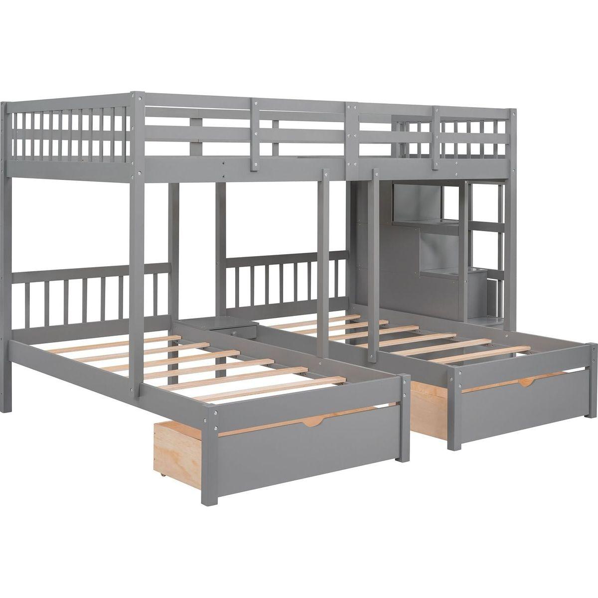 Full Over Twin & Twin Bunk Bed, Wood Triple Bunk Bed with Drawers and Guardrails (Gray)