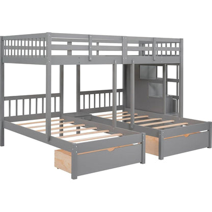 Full Over Twin & Twin Bunk Bed, Wood Triple Bunk Bed with Drawers and Guardrails (Gray)