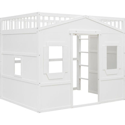 Full Size House Loft Bed With Ladder-White