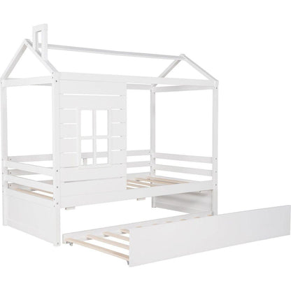 Twin Size House Bed Wood Bed with Twin Size Trundle (White)