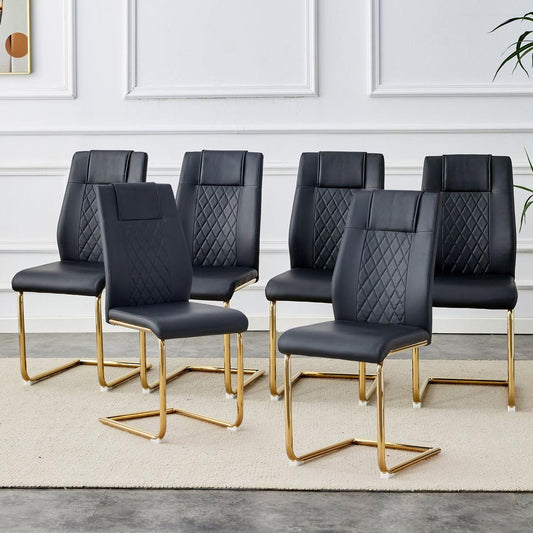 Modern dining chairs with faux leather padded seats, dining room chairs, gold metal leg upholstered chairs, suitable for kitchens, living rooms, bedrooms, and offices, set of 6 (black+PU leather)