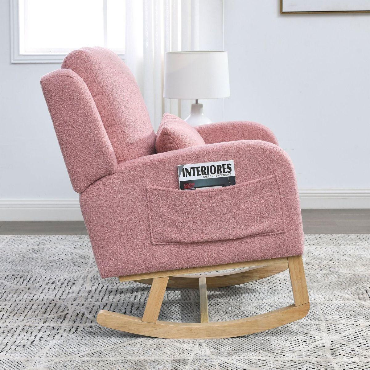 27.5" W Modern Accent High Back Living Room Casual Armchair Rocker with One Lumbar Pillow, Two Side Pockets, Teddy.