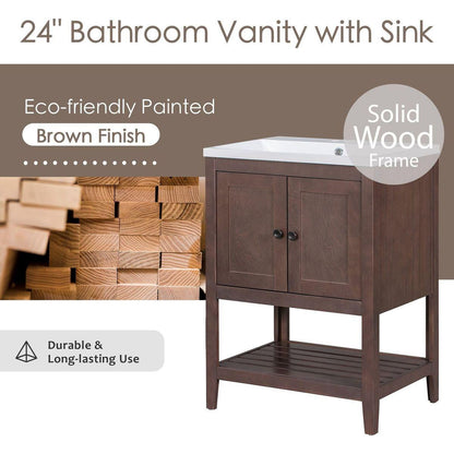 24" Brown Modern Sleek Bathroom Vanity Elegant Ceramic Sink with Solid Wood Frame Open Style Shelf