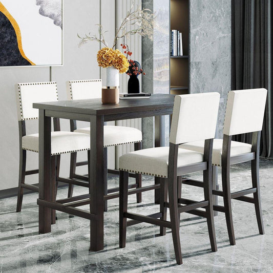 5-Piece Counter Height Dining Set, Classic Elegant Table and 4 Chairs in Espresso and Beige - Streamdale Furniture