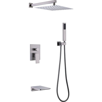 Wall Mounted Square Rainfall Pressure Balanced Complteted Shower System with Rough-in Valve, 3 Function, 10 inches Brushed Nickel