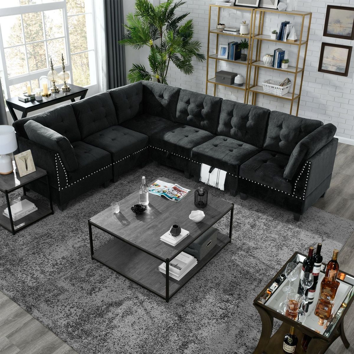 L shape Modular Sectional Sofa,DIY Combination,includes Three Single Chair and Three Corner, Black Velvet.