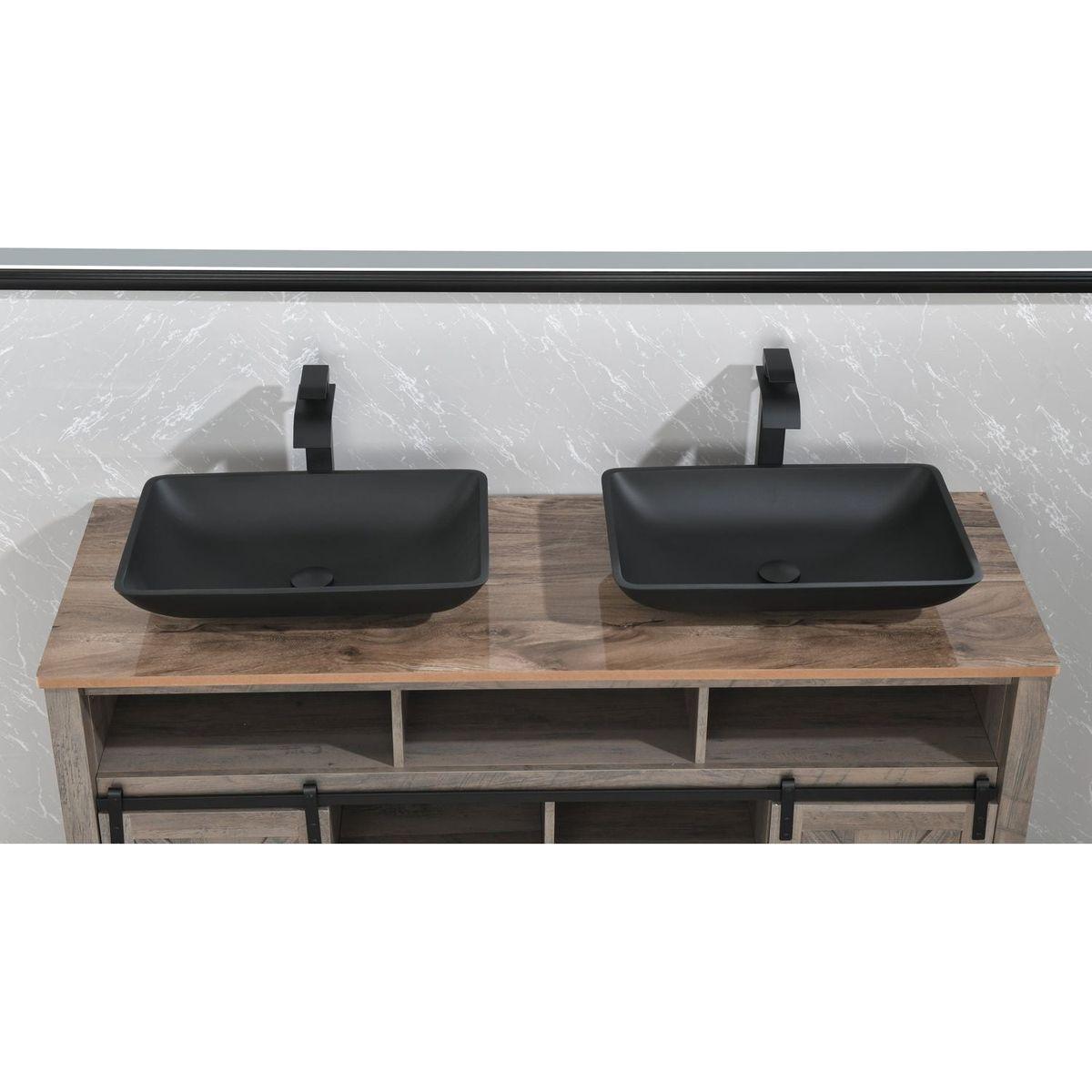 14.38" L -22.25" W -4-3/8 in. H Matte Shell Glass Rectangular Vessel Bathroom Sink in Black with Faucet and Pop-Up Drain in Matte Black