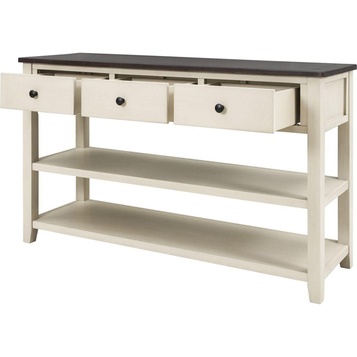Retro Design Console Table with Two Open Shelves, Pine Solid Wood Frame and Legs for Living Room (Espresso+Beige)