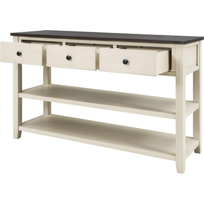 Retro Design Console Table with Two Open Shelves, Pine Solid Wood Frame and Legs for Living Room (Espresso+Beige)