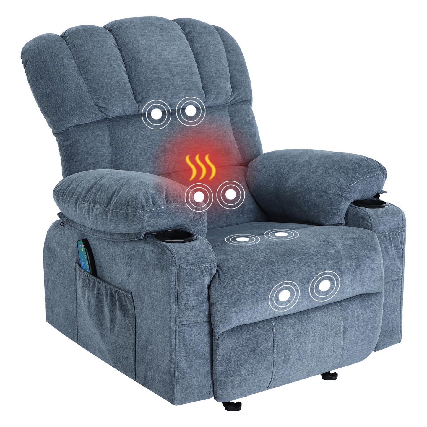 Recliner Chair Massage Heating sofa with USB and side pocket, 2 Cup Holders (Blue)