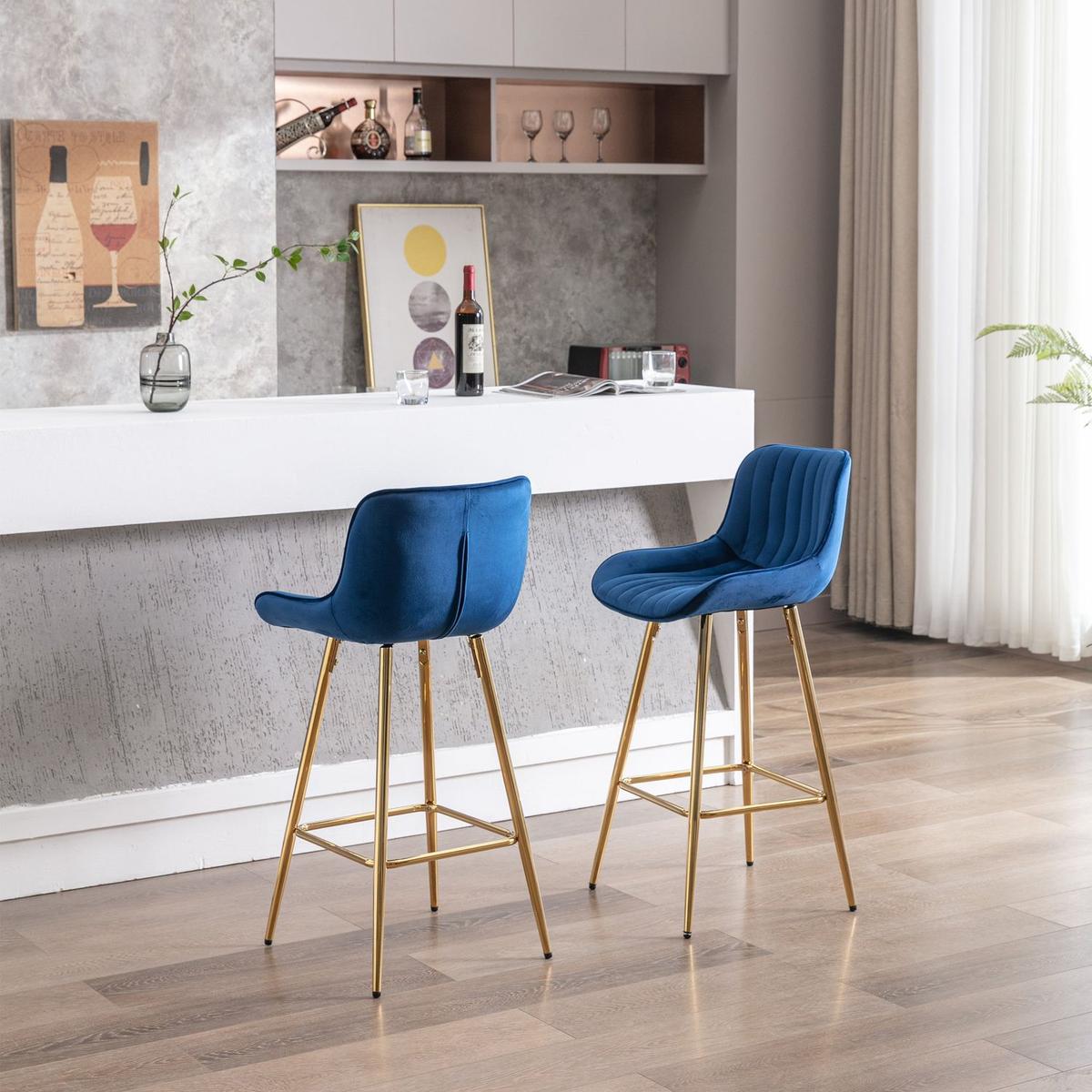 26 Inch Set of 2 Bar Stools, with Steel Frame Footrest Velvet Fabric Golden Leg Simple Bar Stool, BLUE