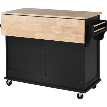 Kitchen Cart with Rubber wood Drop-Leaf Countertop, Concealed sliding barn door adjustable height, Kitchen Island on 4 Wheels with Storage Cabinet and 2 Drawers, L52.2xW30.5xH36.6 inch, Black