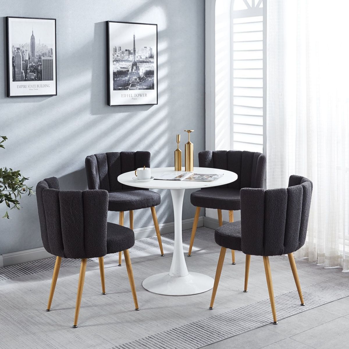 Modern GRAY dining chair (set of 2) with iron tube wood color legs, shorthair cushions and comfortable backrest, suitable for dining room, living room, cafe, simple structure.