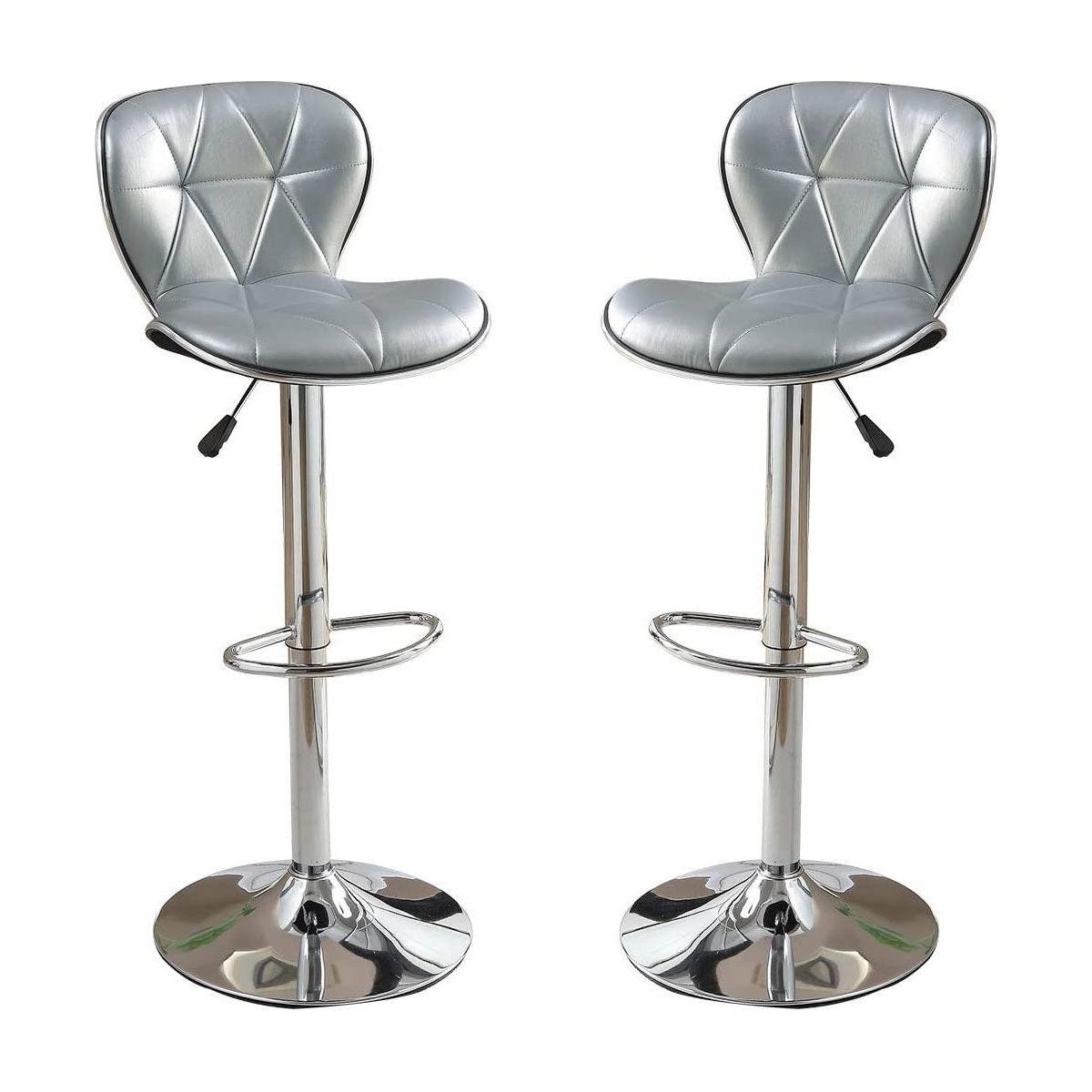 Silver / Grey Faux Leather PVC Stool Counter Height Chairs Set of 2 Adjustable Height Kitchen Island Stools Chrome Base.