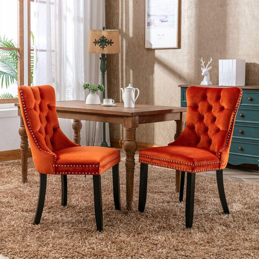 Nikki Collection Modern, High-end Tufted Solid Wood Contemporary Velvet Upholstered Dining Chair with Wood Legs Nailhead Trim 2-Pcs Set, Orange