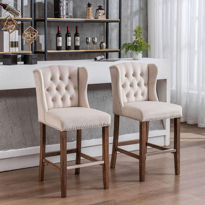 Counter Height Bar Stools, Upholstered 27" Seat Height Barstools, Wingback Breakfast Chairs with Nailhead-Trim & Tufted Back, Wood Legs, Set of 2(Beige)