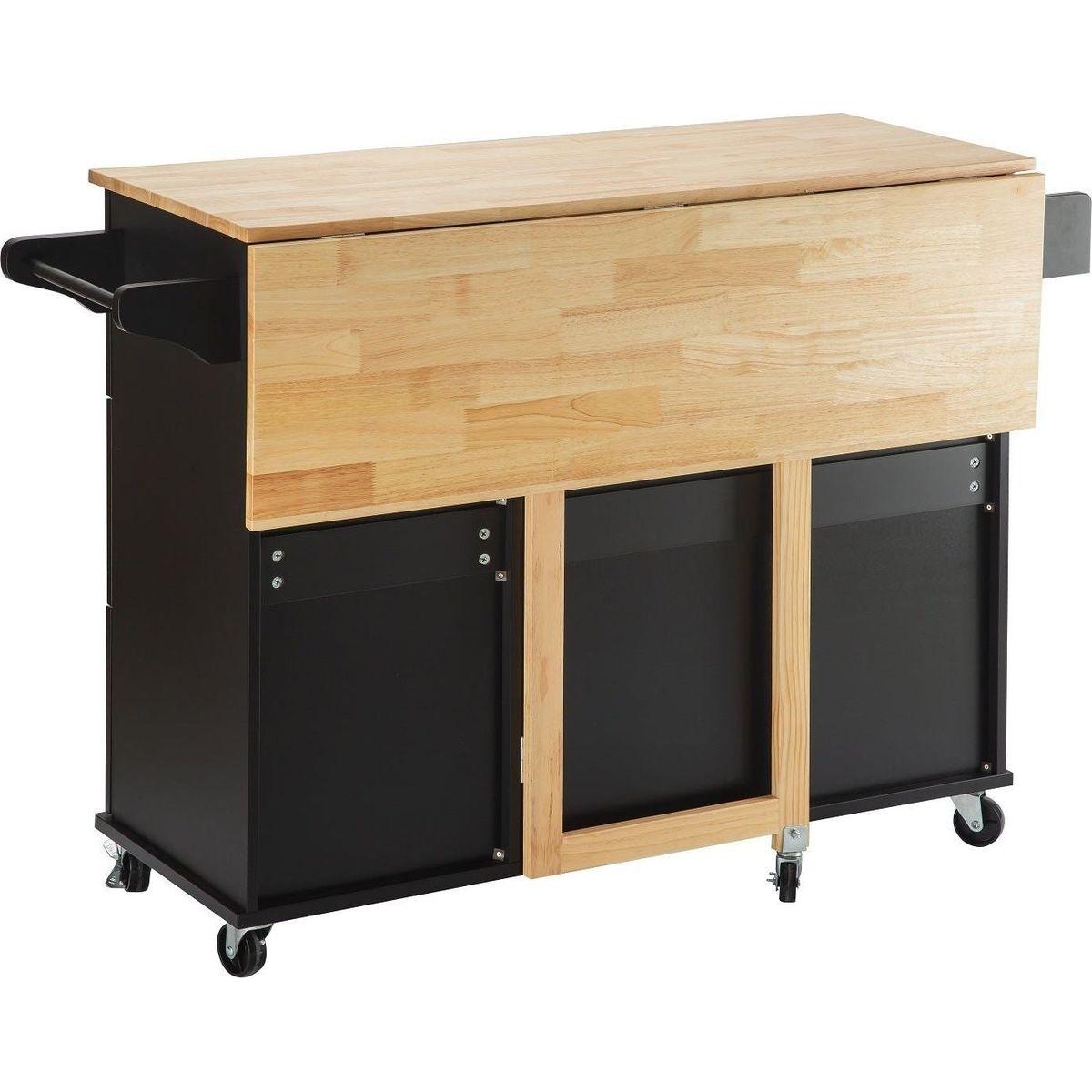 Kitchen Island & Kitchen Cart, Mobile Kitchen Island with Extensible Rubber Wood Table Top, adjustable Shelf Inside Cabinet, 3 Big Drawers, with Spice Rack, Towel Rack, Black-Beech .