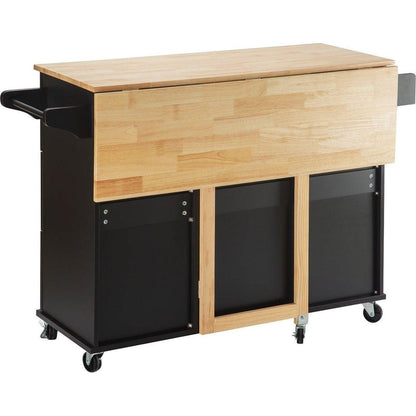 Kitchen Island & Kitchen Cart, Mobile Kitchen Island with Extensible Rubber Wood Table Top, adjustable Shelf Inside Cabinet, 3 Big Drawers, with Spice Rack, Towel Rack, Black-Beech .