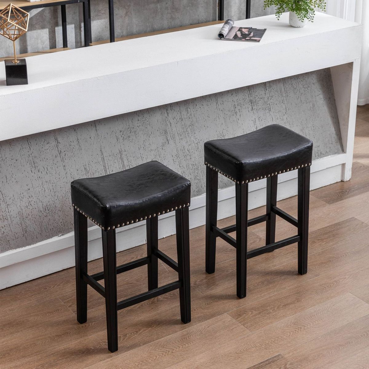 Counter Height 29" Bar Stools for Kitchen Counter Backless Faux Leather Stools Farmhouse Island Chairs (29 Inch, Black, Set of 2)