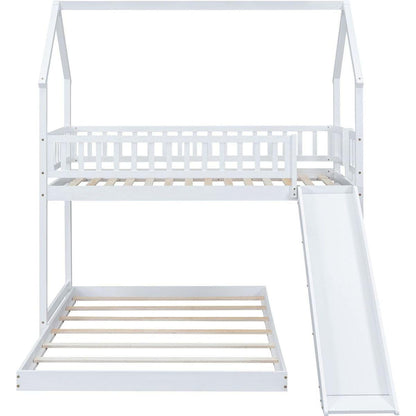 Twin over Full House Bunk Bed with Slide and Built-in Ladder, Full-Length Guardrail, White