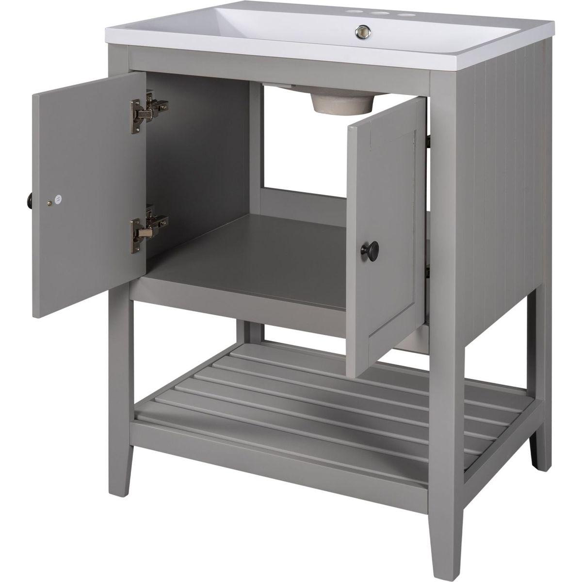 24" Grey Modern Sleek Bathroom Vanity Elegant Ceramic Sink with Solid Wood Frame Open Style Shelf