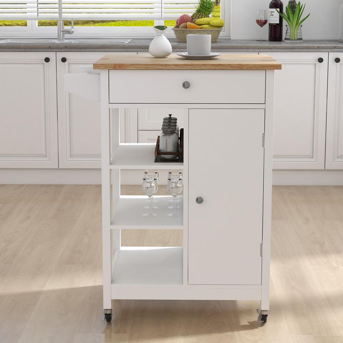 Kitchen island rolling trolley cart with towel rack rubber wood table top