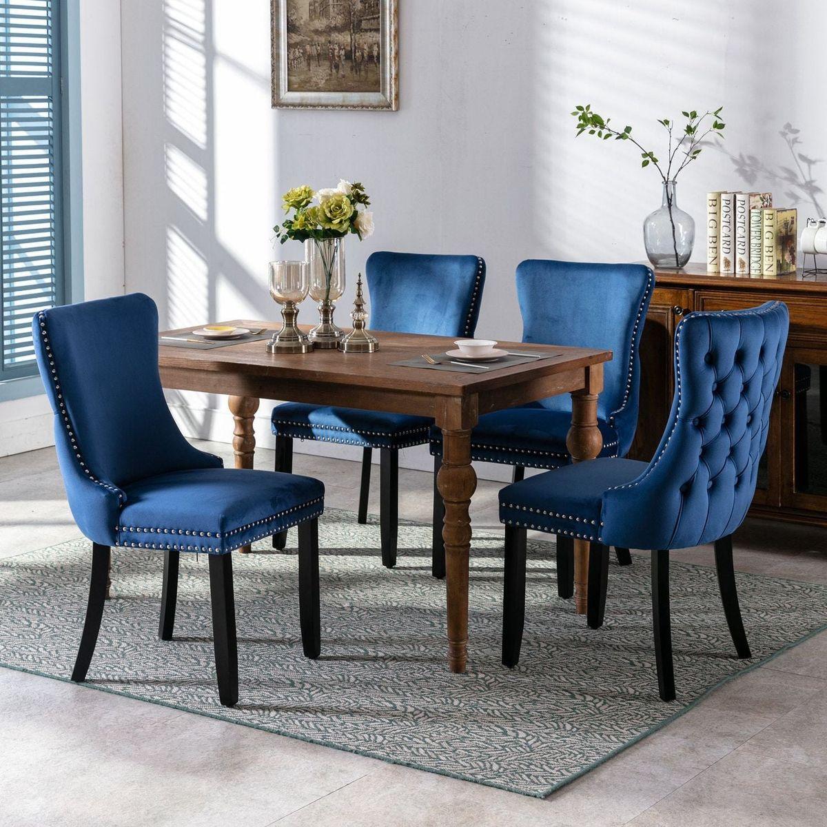 Upholstered Wing-Back Dining Chair with Backstitching Nailhead Trim and Solid Wood Legs, Set of 2, Blue, 8809BL, KD