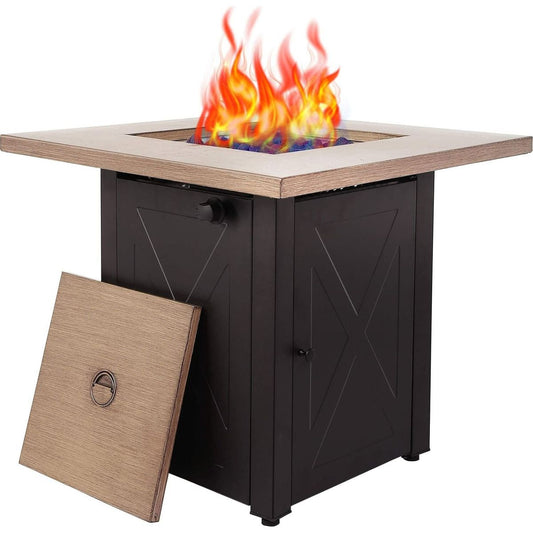 28inch Outdoor Gas Fire Pit Table, 48,000 BTU, Square Outdside Propane Patio Firetable, ETL Certification, Bionic Wood Grain Lid, for Backyard, Garden, Party, Deck, Courtyard