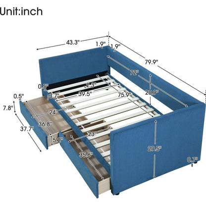 Twin Size Corduroy Daybed with Two Drawers and Wood Slat, Blue
