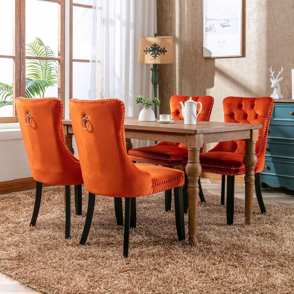 Nikki Collection Modern, High-end Tufted Solid Wood Contemporary Velvet Upholstered Dining Chair with Wood Legs Nailhead Trim 2-Pcs Set, Orange