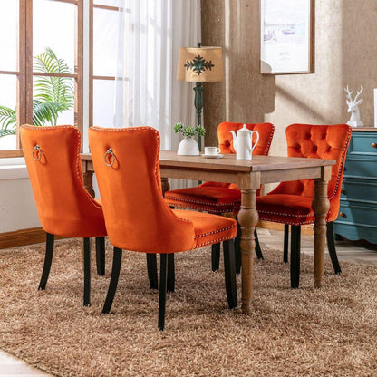 Nikki Collection Modern, High-end Tufted Solid Wood Contemporary Velvet Upholstered Dining Chair with Wood Legs Nailhead Trim 2-Pcs Set, Orange