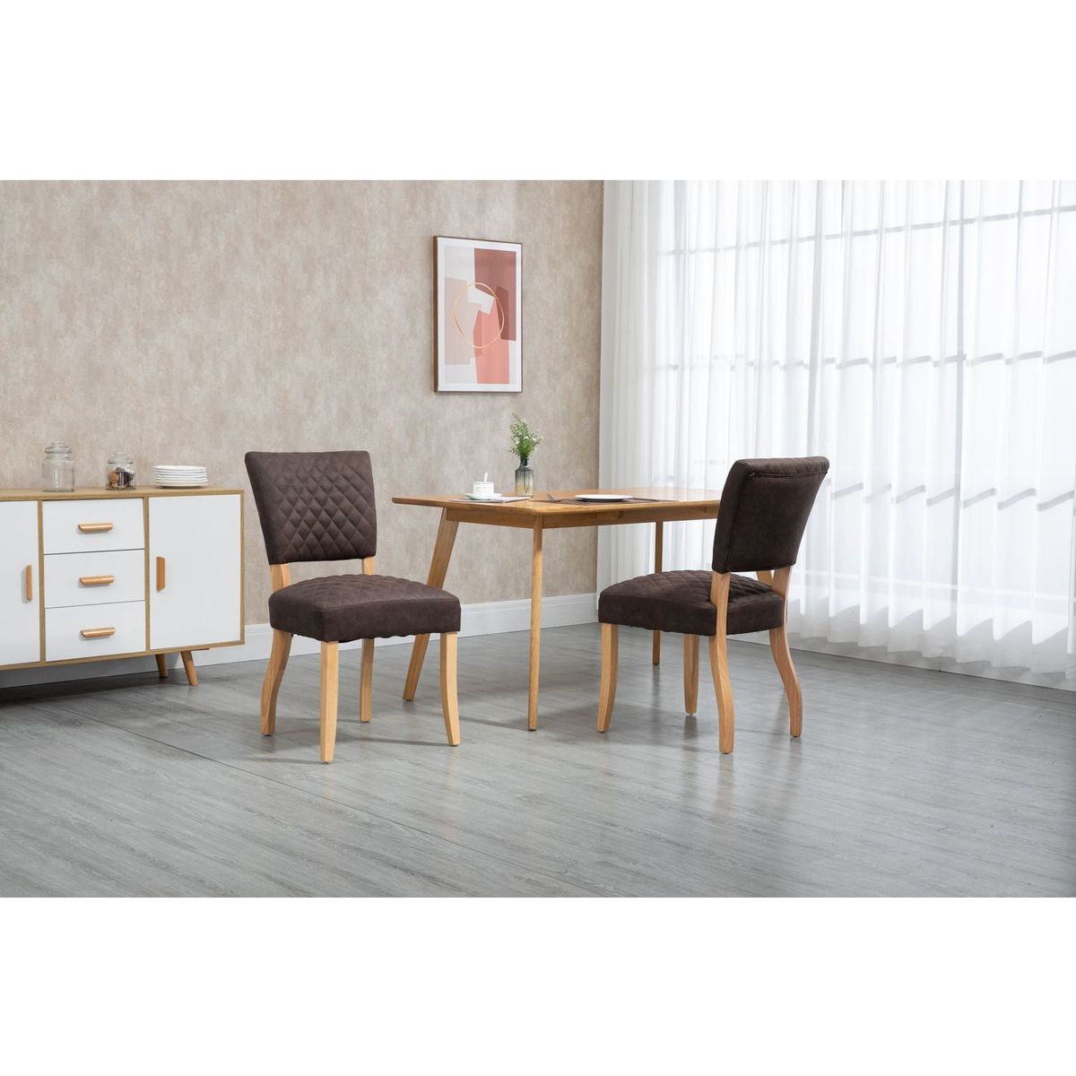 Upholstered Diamond Stitching Leathaire Dining Chair with Solid Wood Legs BROWN