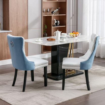 Nikki Collection Modern, High-end Tufted Solid Wood Contemporary PU and Velvet Upholstered Dining Chair with Wood Legs Nailhead Trim 2-Pcs Set, White+Light Blue