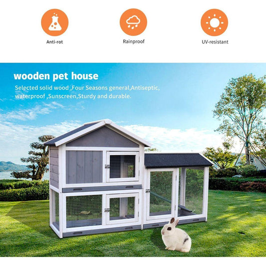 Rabbit Hutch, Indoor Bunny Cage, Outdoor Rabbit Cages with Run, Pet House with Deeper No Leak Tray, UV Panel, Removable Bottom Wire Mesh for Small Animals