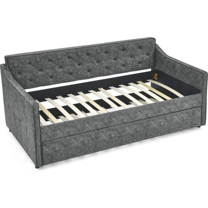 Twin Size Daybed with Twin Size Trundle Upholstered Tufted Sofa Bed, Waved Shape Arms, Grey (80.5"x44.5"x33.5")