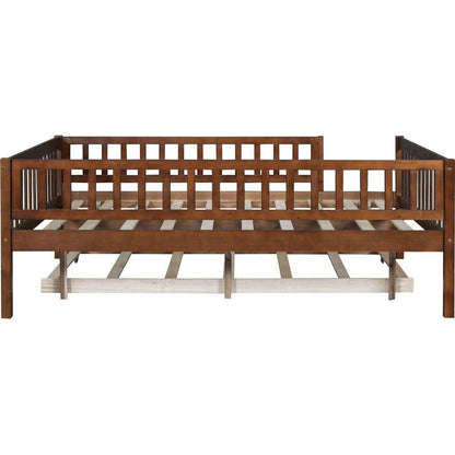 Full Size Wood Daybed with Trundle and Fence Guardrails, Walnut