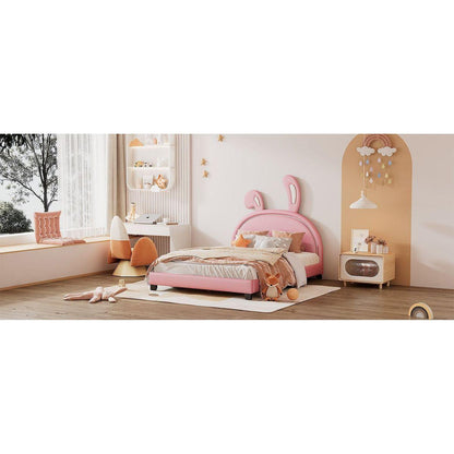 Full Size Upholstered Leather Platform Bed with Rabbit Ornament, Pink