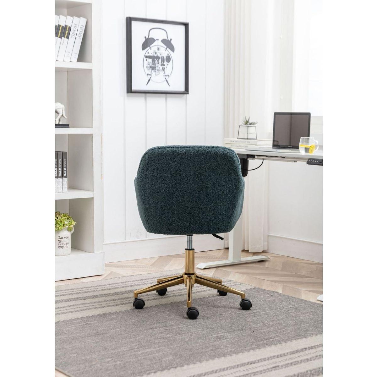 Modern Teddy Fabric Material Adjustable Height 360 Revolving Home Office Chair With Gold Metal Legs And Universal Wheel For Indoor,Green