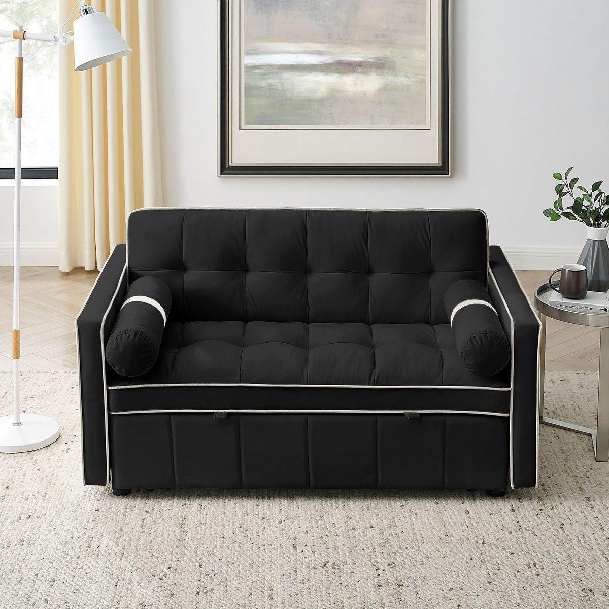 Modern 55.5" Pull Out Sleep Sofa Bed 2 Seater Loveseats Sofa Couch with side pockets, Adjustable Backrest and Lumbar Pillows for Apartment Office Living Room