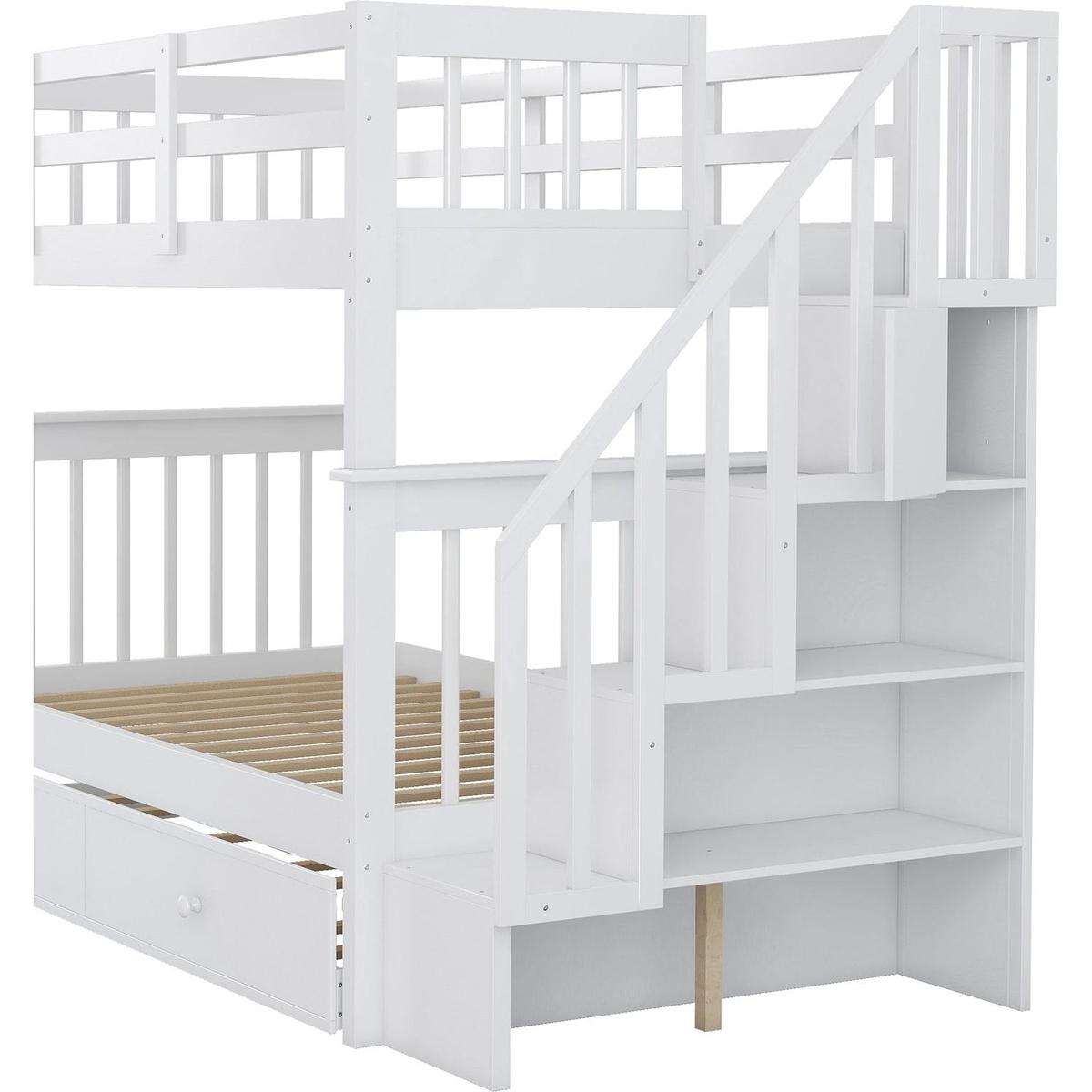 Stairway Twin-Over-Twin Bunk Bed with Twin size Trundle for Bedroom, Dorm, Adults, White () - Streamdale Furniture