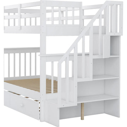 Stairway Twin-Over-Twin Bunk Bed with Twin size Trundle for Bedroom, Dorm, Adults, White () - Streamdale Furniture