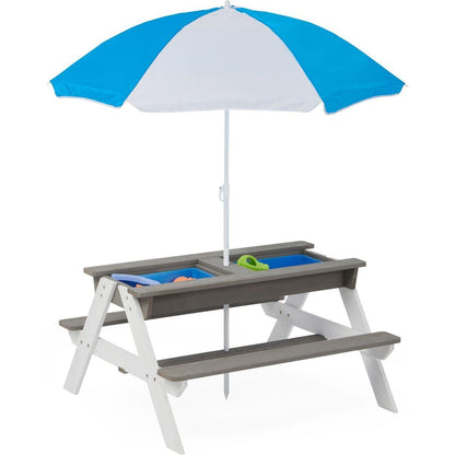 3-in-1 Kids Outdoor Wooden Picnic Table With Umbrella, Convertible Sand & Wate, Gray ASTM & CPSIA CERTIFICATION