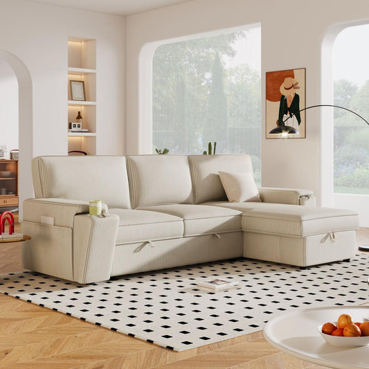 Upholstery Sleeper Sectional Sofa with Storage Bags and 2 cup holders on Arms