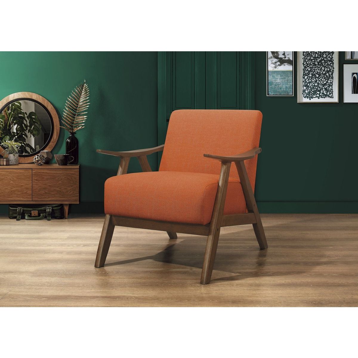 Modern Home Furniture Orange Color Fabric Upholstered 1pc Accent Chair Cushion Back and Seat Walnut Finish Solid Rubber Wood Furniture