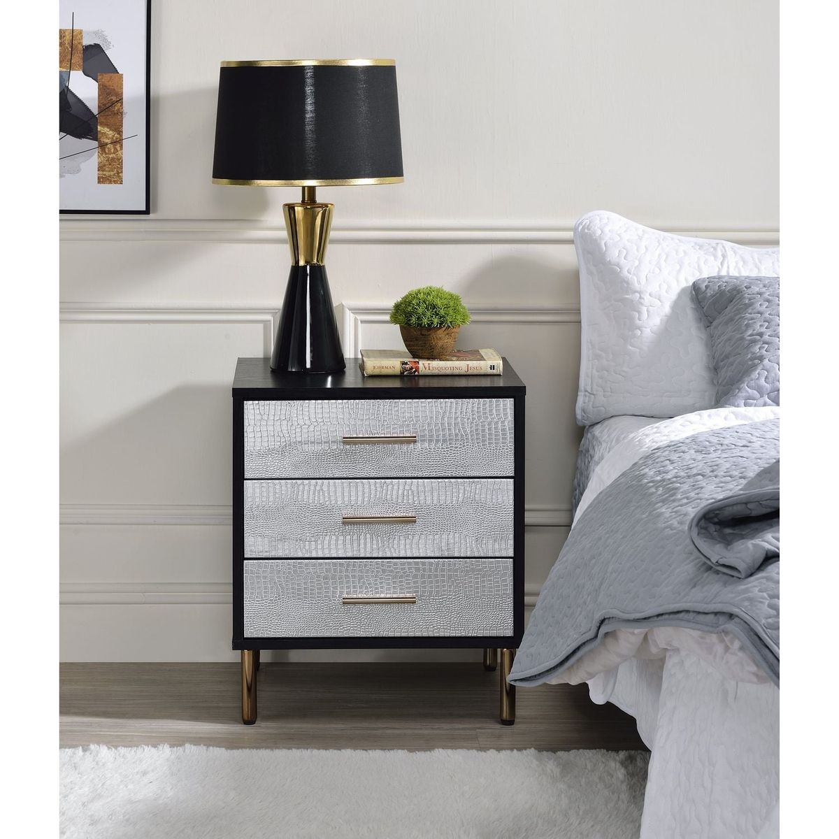 Myles Nightstand, Black, Silver & Gold Finish